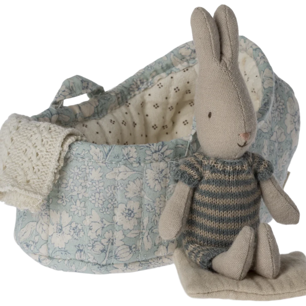 Maileg Rabbit in Carry Cot Micro - Blue/Sand