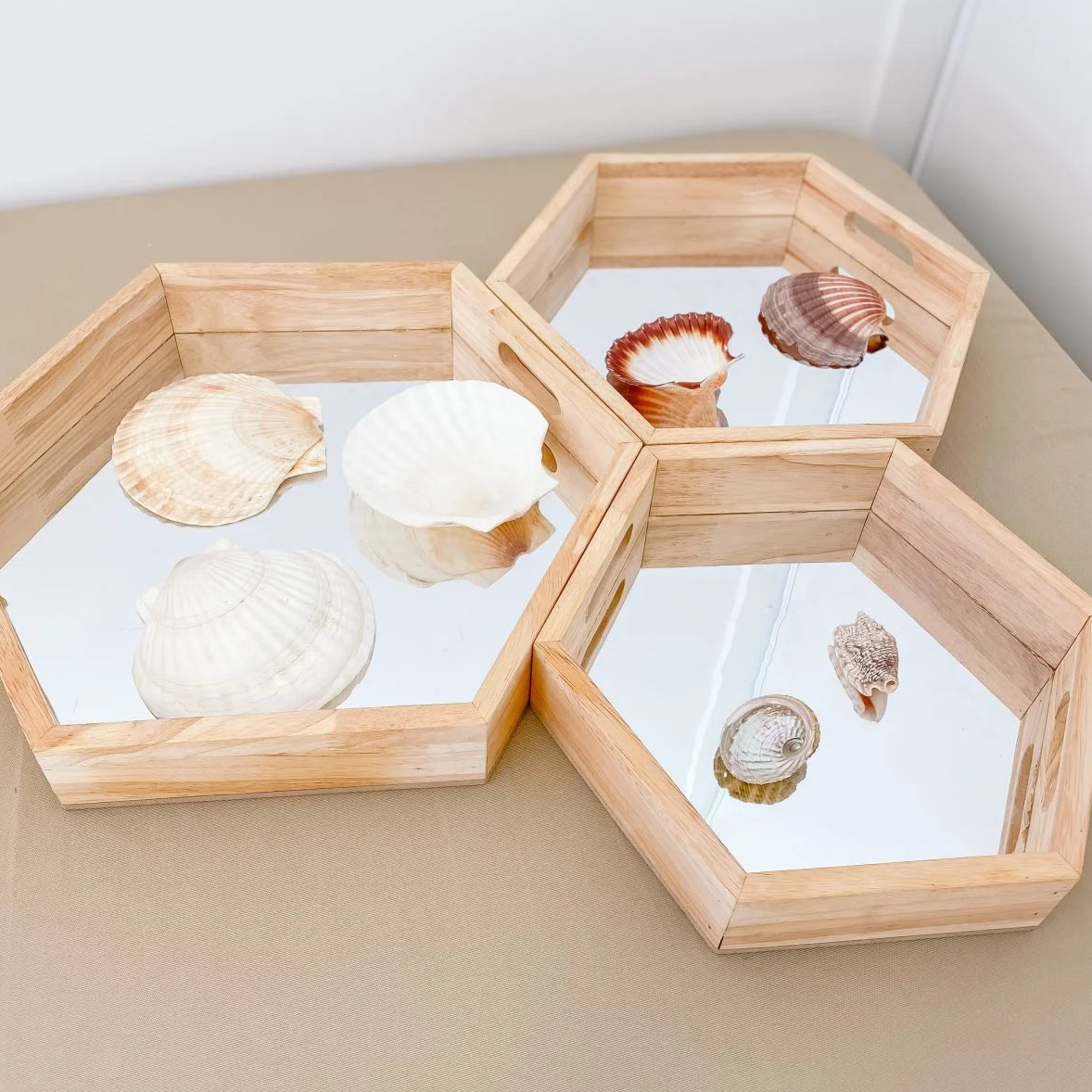 Qtoys Wooden Hexagonal Mirror Trays set of 3